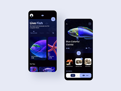 Buy Aquarium Fishes Online Ui Concept app app ui design aquarium aquatic cart colors creative dark dark app design experience fish online online shop ui uiux uiuxdesign ux