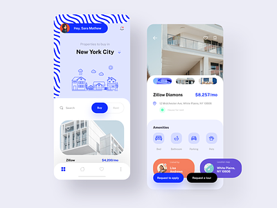 Real Estate App Design app blue buy buyhome colors creative design experience properties realestate recommended rent renthome suggestions ui uidesign uiux uiuxdesign ux white