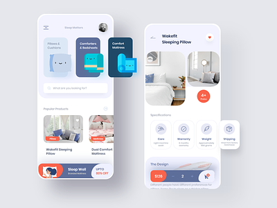 Buy Mattress Online app blue buy online cart clean colors creative design experience mattress recommended red shopping suggestions ui uidesign uiux uiuxdesign ux white