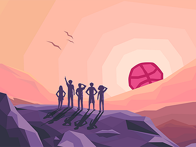 Hello Dribbble! ball birds debut design team dribbble ducks lowpoly mountain sunrise