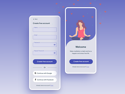 Day 2 & 3 - Welcome & Signup screens for a meditation app 10ddc 2day 3day design designchallenge meditationapp ui uidesign