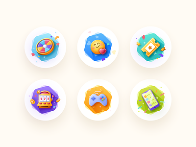 Let's Play! app board casino clean colorful design details fun game icons illustration phone set shadow slot machine ticket ui ux vector wheel