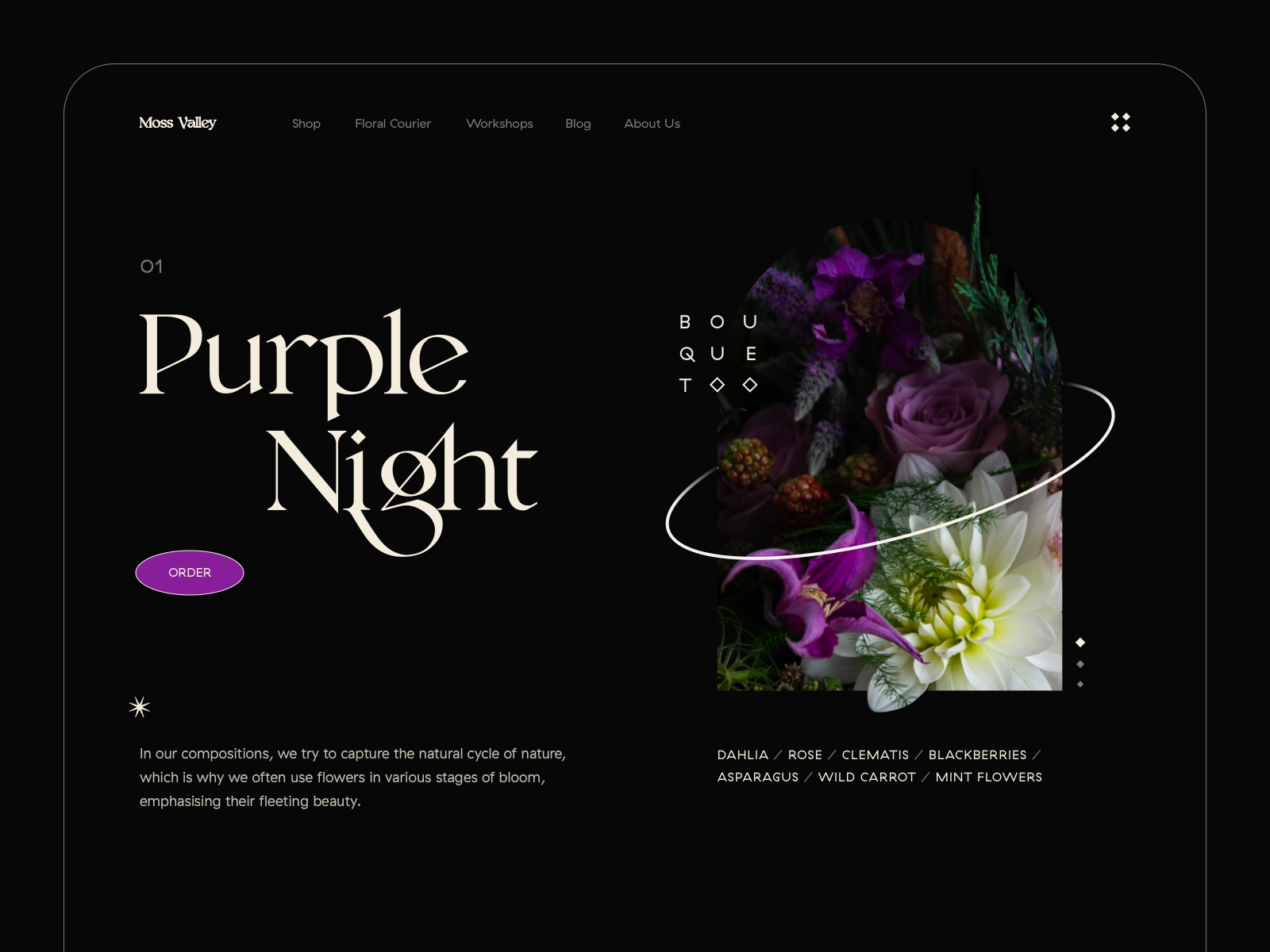 Purple Night - Web Design florist e-commerce shop icon sharp bouquet flowers plant dark flat photo digital clean typography illustration ux web minimal ui design