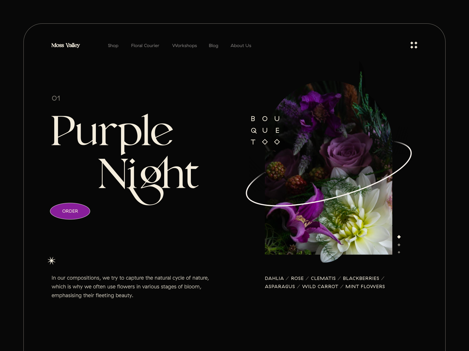 Purple Night - Web Design bouquet clean dark design digital e-commerce flat florist flowers icon illustration minimal photo plant sharp shop typography ui ux web