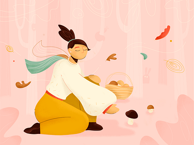 Autumn Girl ai basket character clean color cute design flat forest girl illustration leaves minimal mushrooms shadow ui vector web wind woman
