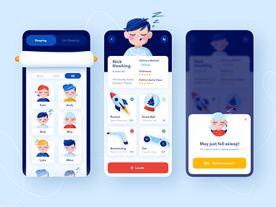 Santa's Application app blue box card character children christmas clean delivery design gift illustration minimal mobile popup profile sleep store ui ux
