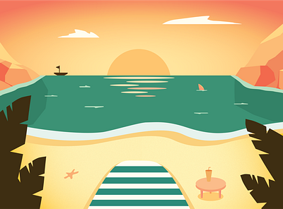 Sunset Cove beach flat illustration minimal relaxing sunset vector