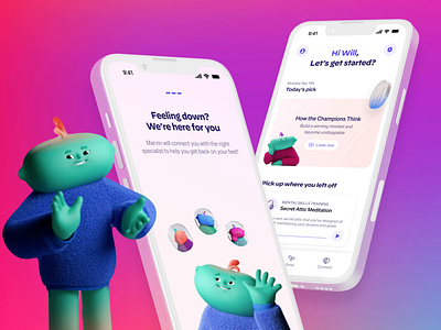 Marvin x The Design Crew 3d app athlete character colorful gradients interaction interface mental health mindfulness mobile modern motion playful product product design prototype sports ui wellness