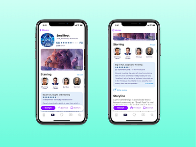 Movie app — two screens app button bottom cinema design illustration ios iphone mobile movie movies online smallfoot starring ui ux watch