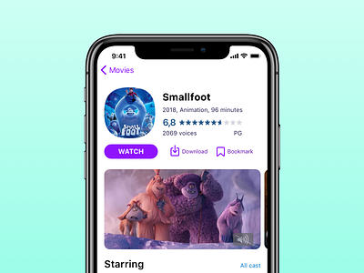 Movie app — Smallfoot with watch button app button cinema ios iphone mobile movie movies ui ux watch