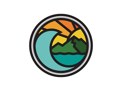 Surf's Up badge icon island logo mountain ocean sun sunrays thick lines wave