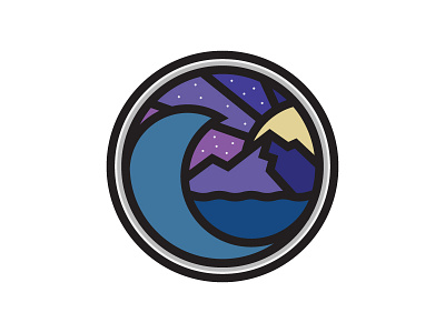 Night Surf badge icon island logo moon mountain ocean stars thick lines wave