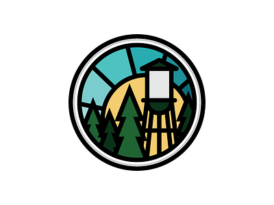 Hometown blue sky circle icon logo michigan nature pine trees small town sunshine thick lines water tower