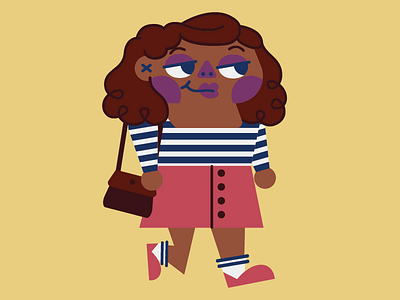 Striped sweater, pink skirt. cute fashion flat geometric girl hair illustration