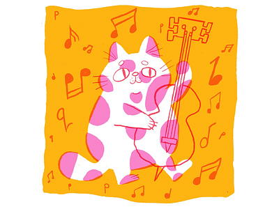 Jazz cat: Bass cat illustration jazz midcentury modern risograph