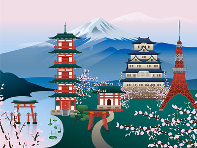 Japan 36daysoftype himeji castle illustration japan mount fuji tokyo torii vector