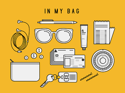 Possessions - In My Bag bobby pins bold design branding credit cards design headphones icon iconography illustration illustrator lip balm logo minimal money vector