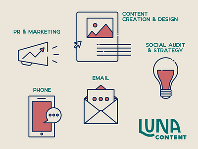 Luna Content Web Icons adobe branding contact contact me content creation data design iconography identity illustrator lightbulb luna megaphone minimal ui ux vector web web icons websites