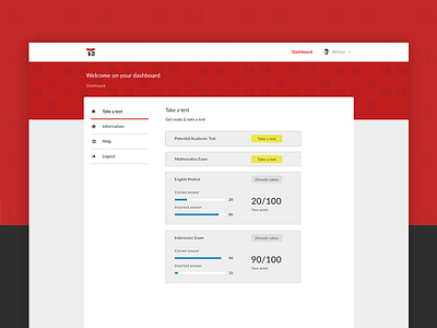 Take a test - TelkomTest app clean dashboard exercise flat minimal progress red sidebar test web design website