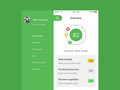 Health Score application concept data flat health health care home navigation personalization visualization