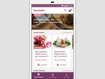 Limakilo Android Pasar Petani android bottom navigation cart ecommerce flat homepage material material design minimal shopping slider startup