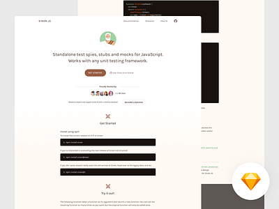 Sinon.JS Homepage Redesign application code flat free freebie javascript jekyll landing page minimal open source open source design redesign responsive retro sinon sketch template vintage web design