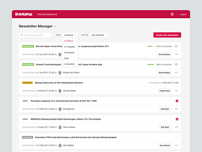 Newsletter Manager Dashboard analytic application campaign card dashboard email flat full width internal mailchimp monitor newsletter web design