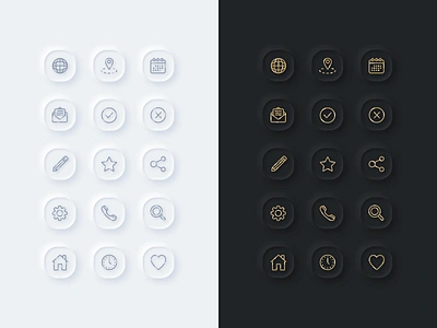 Essential Neumorphic Icons app dark design essential gold icon icons illustration inspiration light neumorphic neumorphism outline outlines sketch ui ux vector web web design