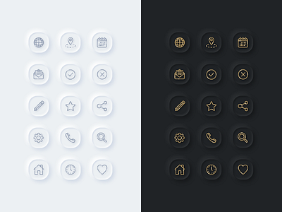 Essential Neumorphic Icons app dark design essential gold icon icons illustration inspiration light neumorphic neumorphism outline outlines sketch ui ux vector web web design