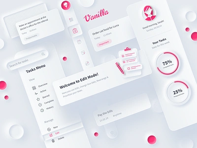 Vanilla Neumorphic Components components dashboard design icons illustration inspiration light menu neumorphic neumorphism pink schedule sketch task tasks ui vanilla vector web website