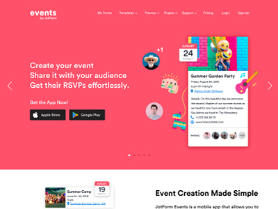 Landing Page for Events Mobile App app coral event registration events flat colors home page icons ios landing landing page mobile mobile app online form pink ui ux vector web