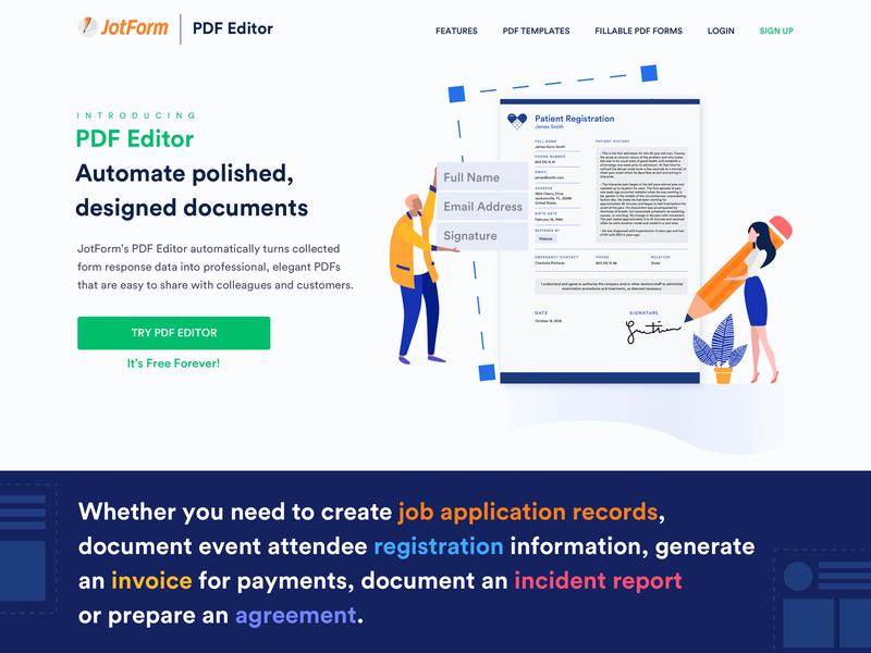 JotForm Pdf Editor Landing Page character data editing flat colors form builder home page homepage illustration landing landing page online form pdf pdf editor ui ux vector web