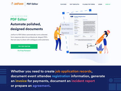 JotForm Pdf Editor Landing Page character data editing flat colors form builder home page homepage illustration landing landing page online form pdf pdf editor ui ux vector web