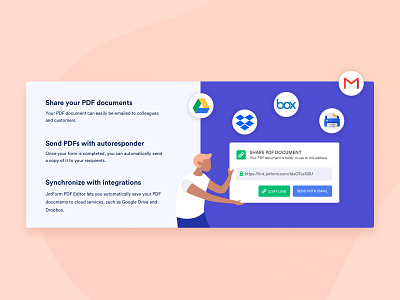 Share Document character dropbox flat colors google google drive home page illustration integration landing online form pdf editor share share document ui ux vector web