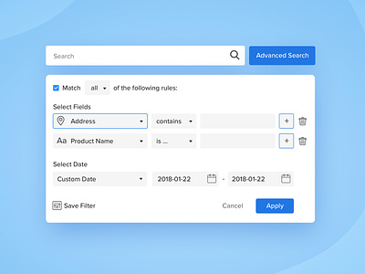 Advanced Search add advanced advanced search blue checkbox date filter flat colors menu search spreadsheet table toolbar trash ui ux