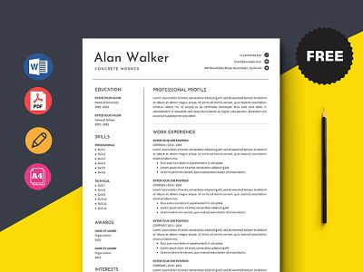 Free Concrete Worker Resume Template curriculum vitae cv cv template free cv free cv template free resume template freebie freebies resume