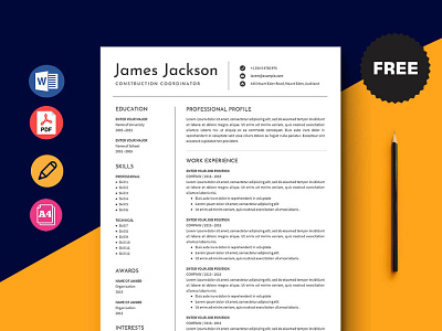 Free Construction Coordinator Resume Template curriculum vitae cv cv template free cv free cv template free resume template freebie freebies resume