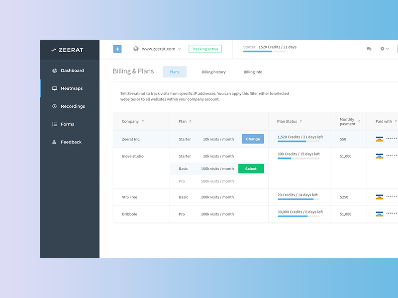 Billing & Plans screen by Albert Zikmund on Dribbble