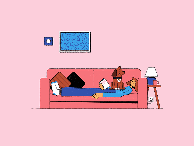 Ready to Relax animation character animation character design cute dog gif illustration looping motion motion graphics puppy reading relax sofa