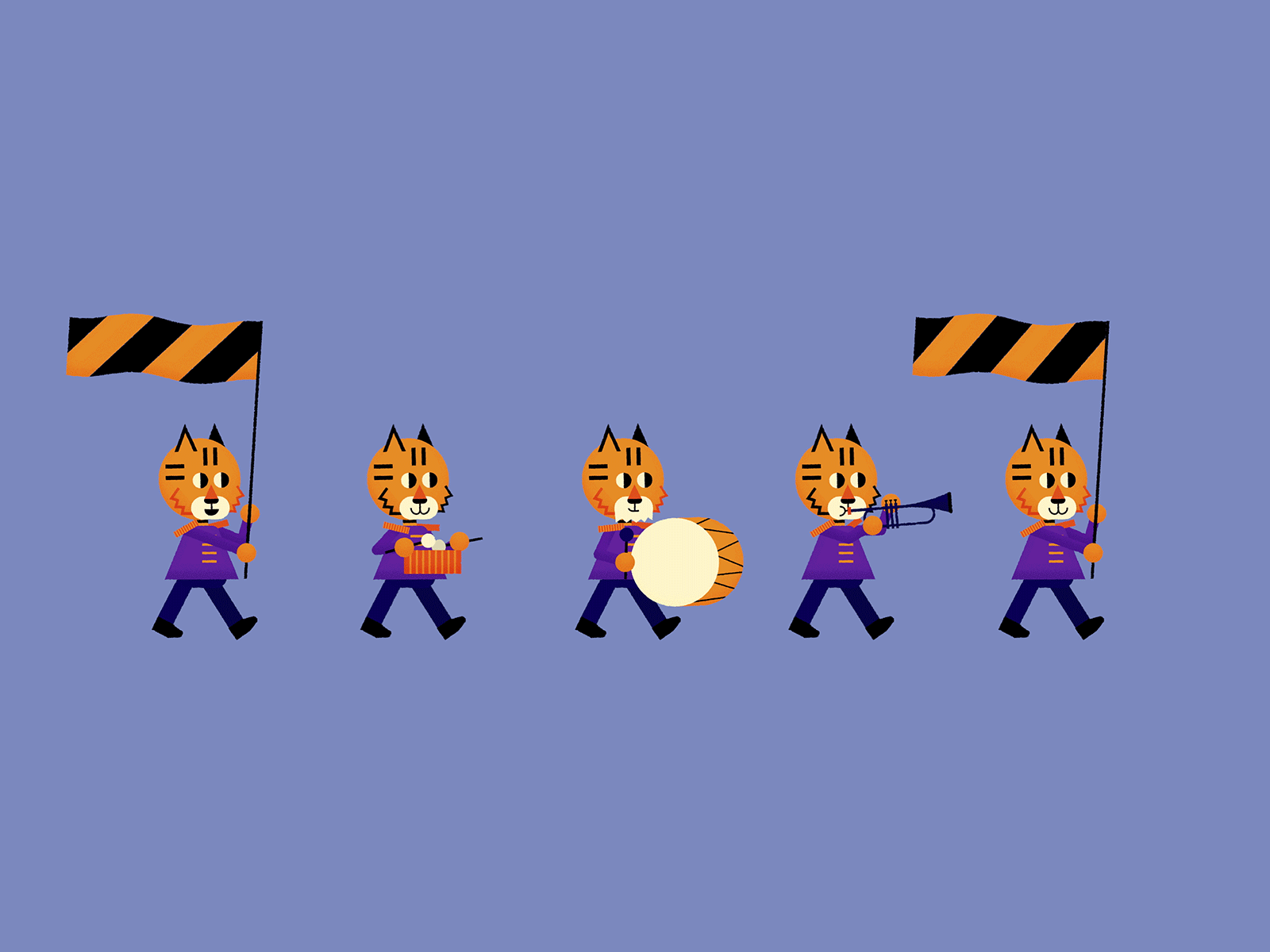 Tiger Club animation band character animation character design drum flags gif illustration looping marching marchingband motion motion graphics parade tiger trumpet walkcycle