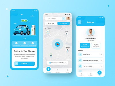Finding Electric Car Charging Stations Mobile App electronic cars ev charging app find charging stations map screen mobile app design mobile application onboarding screen profile screen setting screen