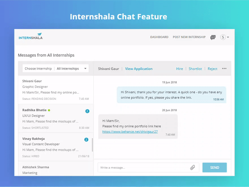 Internshala Chat Feature chat internshala ui user experience uxdesign web design