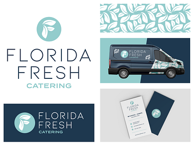 Florida Fresh Catering Logo brand kit branding business card catering company catering logo design florida fresh leaf letter lettering logo navy pattern pattern design plant plant letter teal typography van cover vector
