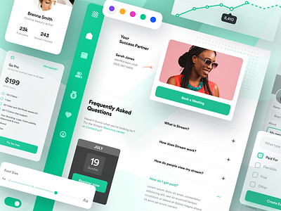 Stream Product Pages - Full Pixels charts classes color dates events font size green online online meetings pop up pricing profile stats stats ui stream teachable teaching typogaphy uiux web design