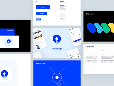 Inspomap Branding Deck app icon blue brand design branding buttons cards clean flying geometric icon ios app light map mapping moving travel travel app typogaphy
