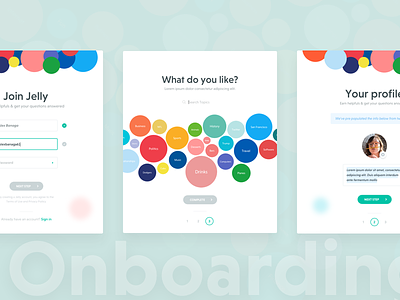 Ask Jelly Onboarding for Web circles form interested mobile onboarding picker profiles search sign topics up web