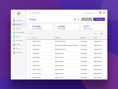 Client Tracking Product UI clients dashboard invoice money purple sidebar tables ui