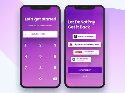 DoNotPay iOS Screens application business donotpay establishments experience interface mobile money payment purple
