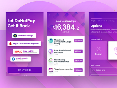 DoNotPay Screens design donotpay idea mobile money options organization page purple