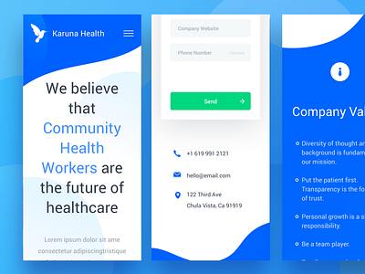 Karuna Health Responsive Company & Contact Page company design health interface invest karuna landing page ui website welath